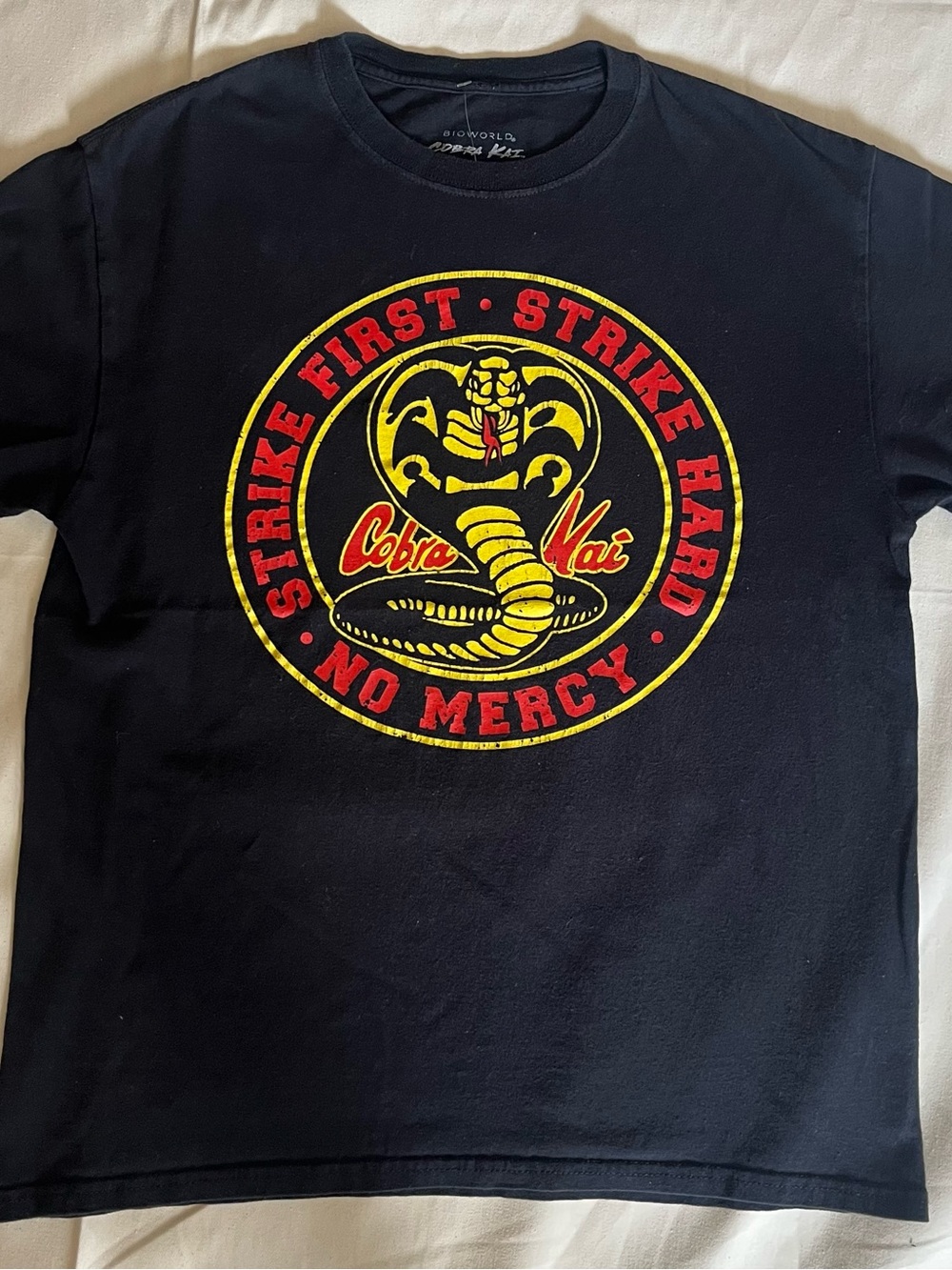 Cobra Kai T-Shirt - Strike First Strike Hard No Mercy. Size Medium
